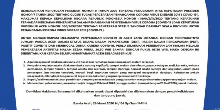 Pemberlakuan Jam Malam di Aceh Dinilai Tidak Efektif Cegah Corona